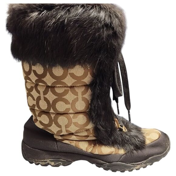 Coach Jennie Signature Winter Boots Womens Sz 9.5 Brown Black Rabbit Fur Lace Up - Picture 1 of 15